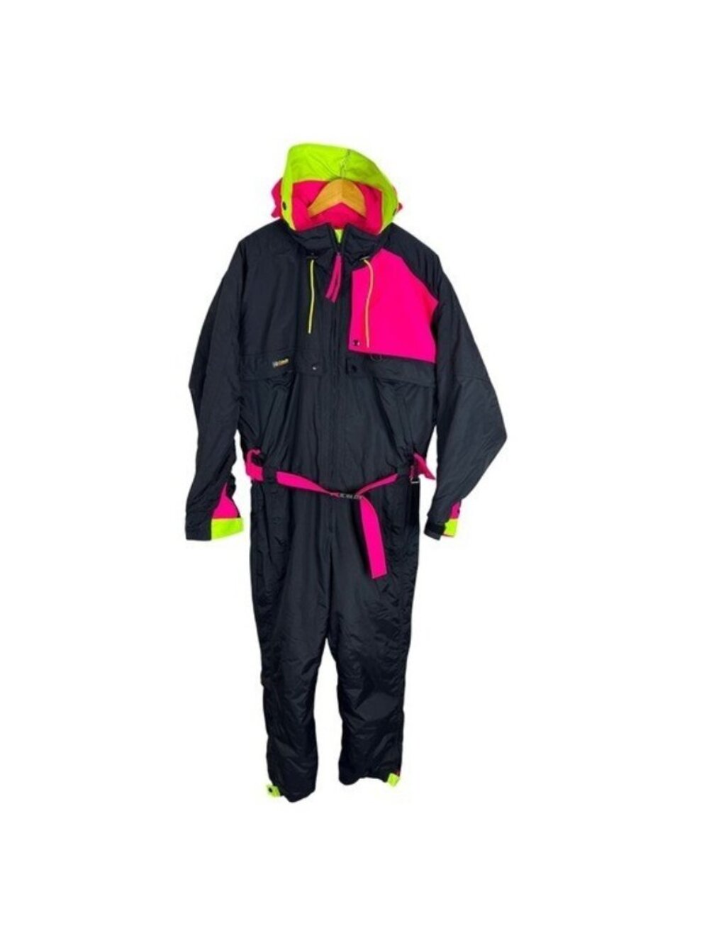Vintage 90s Columbia Ski Suit Mens L Black Neon Pink Green One Piece Snow Suit